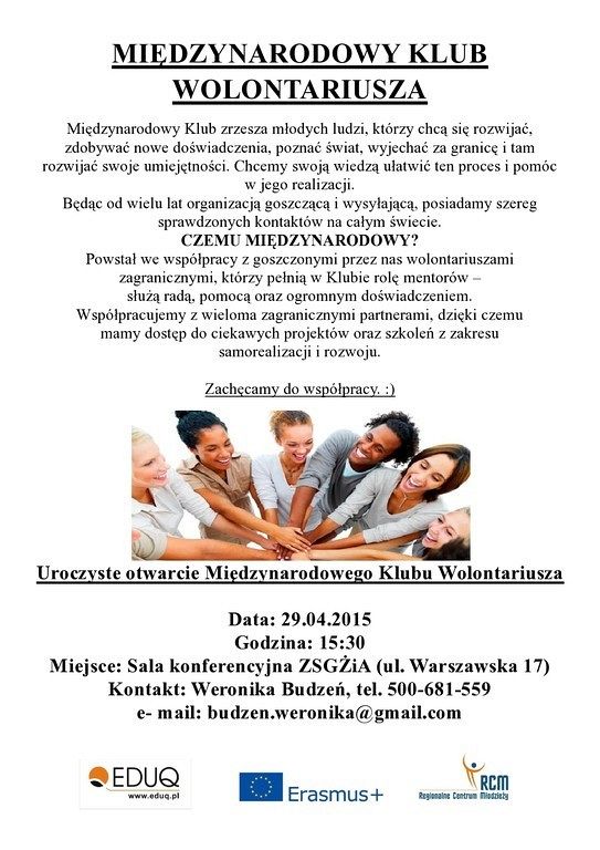 Zapraszamy na otwarcie Międzynarodowego Klubu Wolontariusza !